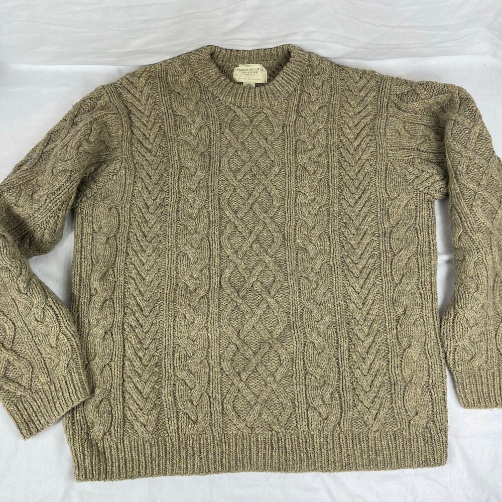 Vtg Y2K American Eagle Hand Knit Wool Sweater 100% Wool Size Large Cable Knit